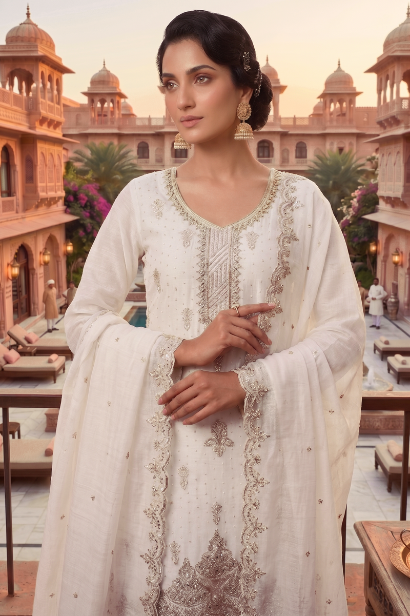 Stitched Pretty White Heavy Crunchy Pakistani Farshi Salwar Kameez With Crunchy Dupatta