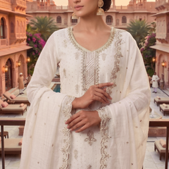Stitched Pretty White Heavy Crunchy Pakistani Farshi Salwar Kameez With Crunchy Dupatta