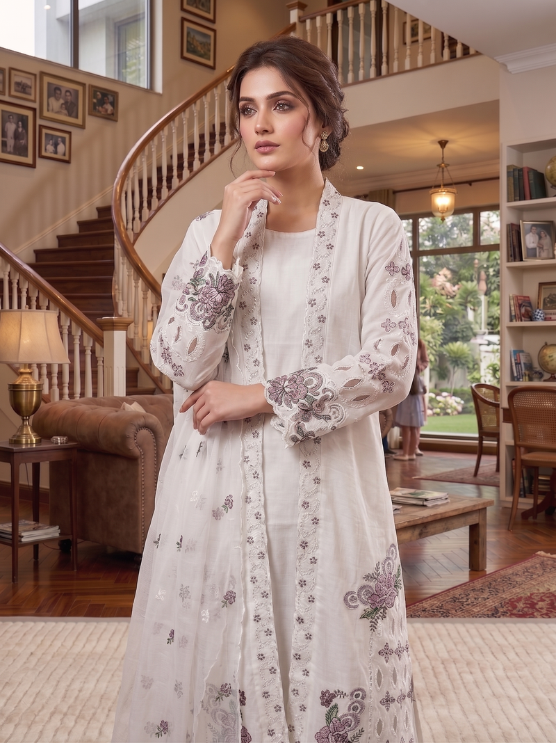 This Pakistani Suits Is One Of The Trending White Suit Cristal Viscous In This You Get Coty Which Give More Attractive Look In Any Occasion
