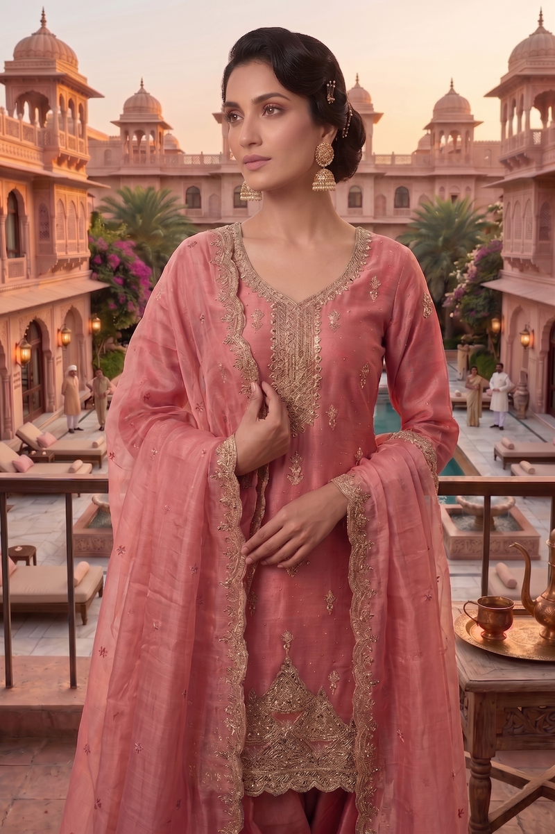 Stitched Pretty Gajri Heavy Crunchy Pakistani Farshi Salwar Kameez With Crunchy Dupatta