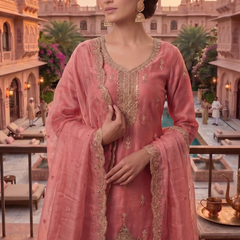 Stitched Pretty Gajri Heavy Crunchy Pakistani Farshi Salwar Kameez With Crunchy Dupatta