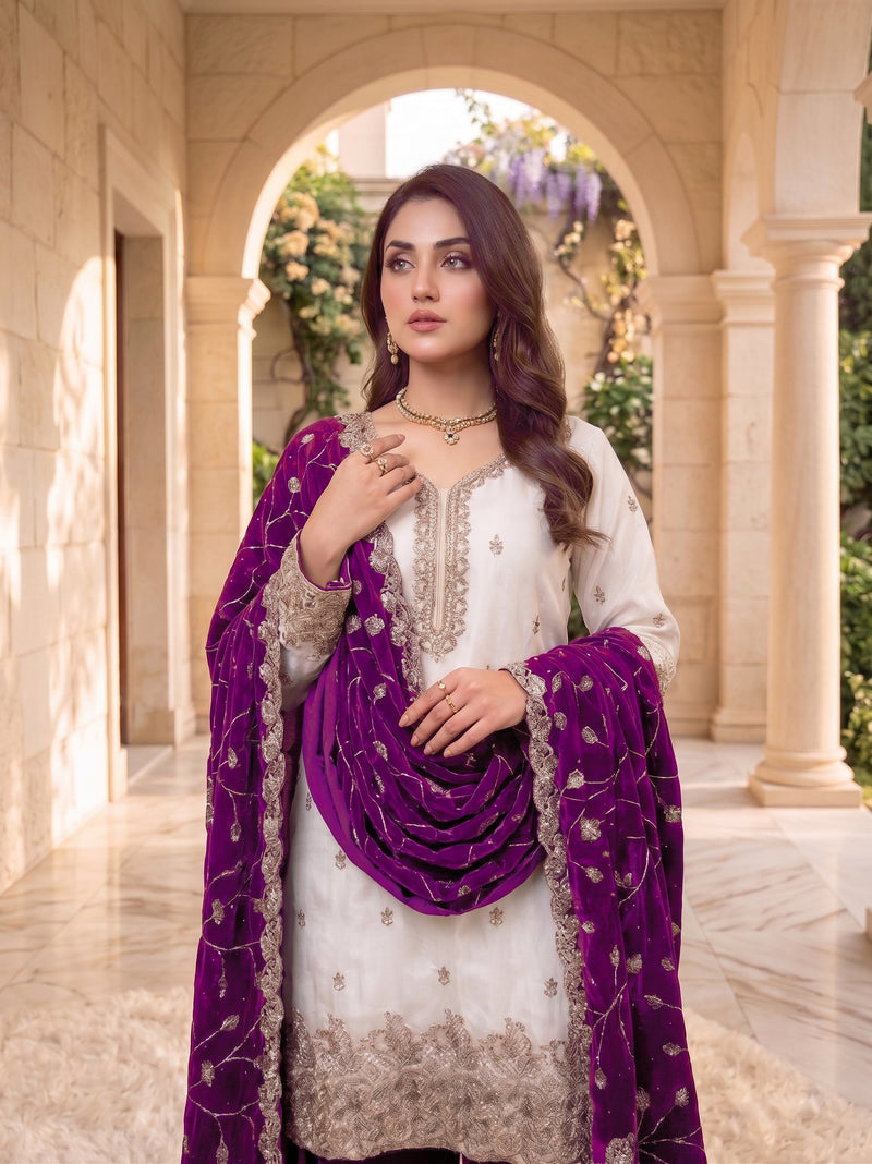 Trending Fabric Heavy Jimmy Choo With Contrast Wine Plazo & Dupatta In Different Embroidery Work