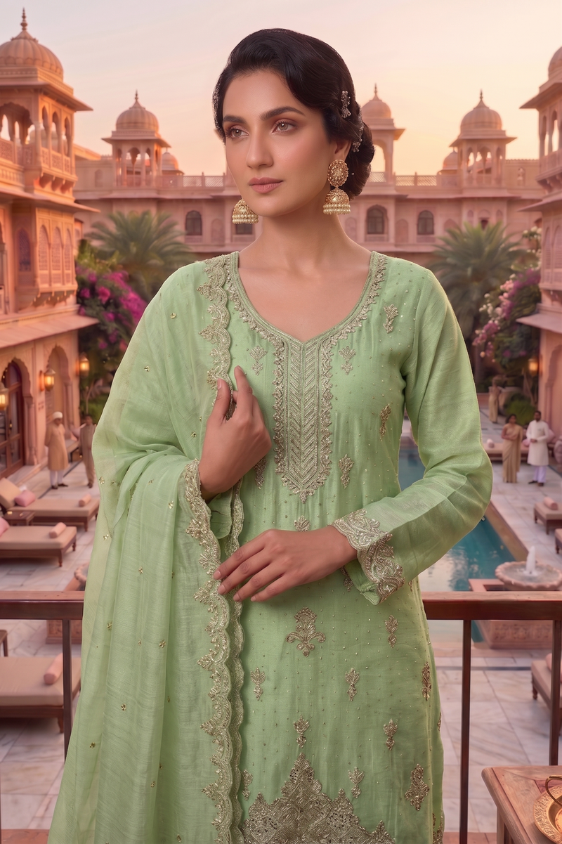 Stitched Pretty Pista Heavy Crunchy Pakistani Farshi Salwar Kameez With Crunchy Dupatta