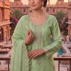 Stitched Pretty Pista Heavy Crunchy Pakistani Farshi Salwar Kameez With Crunchy Dupatta