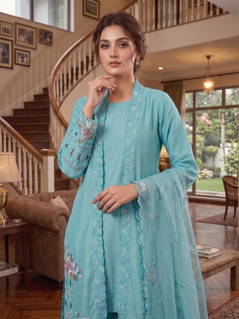 This Pakistani Suits Is One Of The Trending Sky Blue Suit Cristal Viscous In This You Get Coty Which Give More Attractive Look In Any Occasion (Copy) (Copy)