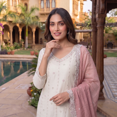 Latest Readymade Pink Heavy Crunchy Handwork Pakistani Suit In Plazo
