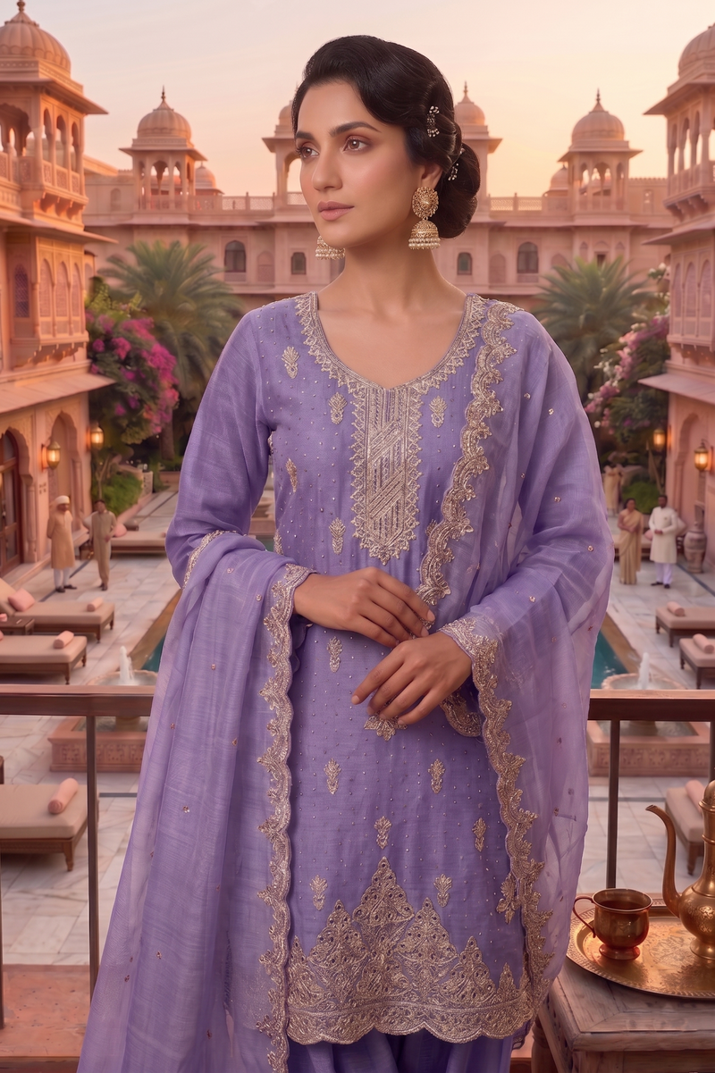 Stitched Pretty Purple Heavy Crunchy Pakistani Farshi Salwar Kameez With Crunchy Dupatta