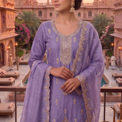 Stitched Pretty Purple Heavy Crunchy Pakistani Farshi Salwar Kameez With Crunchy Dupatta