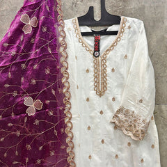 Trending Fabric Heavy Jimmy Choo With Contrast Wine Plazo & Dupatta In Different Embroidery Work