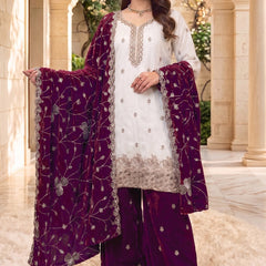 Trending Fabric Heavy Jimmy Choo With Contrast Wine Plazo & Dupatta In Different Embroidery Work