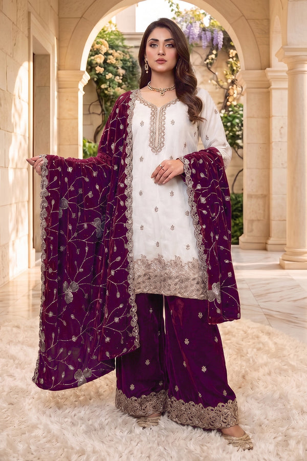 Trending Fabric Heavy Jimmy Choo With Contrast Wine Plazo & Dupatta In Different Embroidery Work