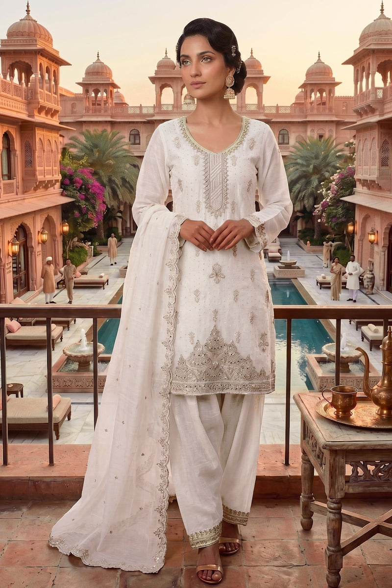 Stitched Pretty White Heavy Crunchy Pakistani Farshi Salwar Kameez With Crunchy Dupatta