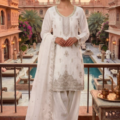 Stitched Pretty White Heavy Crunchy Pakistani Farshi Salwar Kameez With Crunchy Dupatta