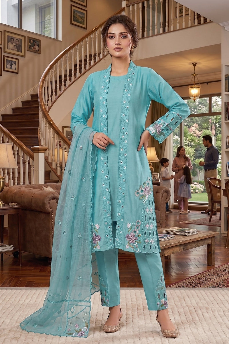 This Pakistani Suits Is One Of The Trending Sky Blue Suit Cristal Viscous In This You Get Coty Which Give More Attractive Look In Any Occasion (Copy) (Copy)