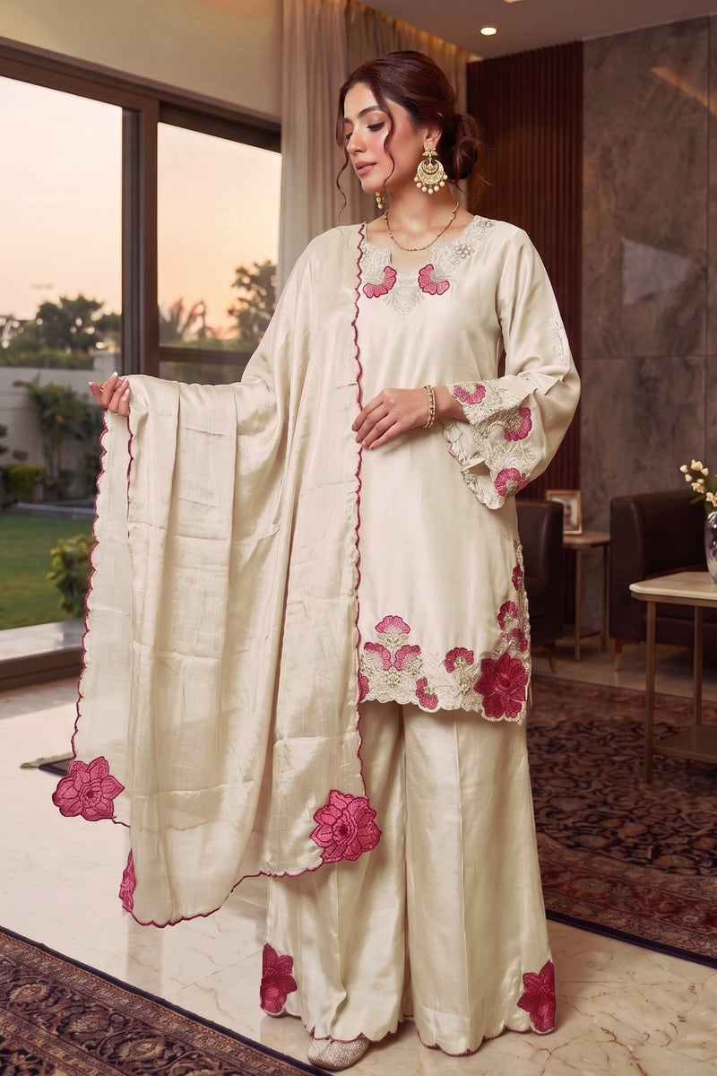Most Popular Viral Design And Most Viral Fabric Heavy Malai Satin In Biscuit With Aesthetic Work