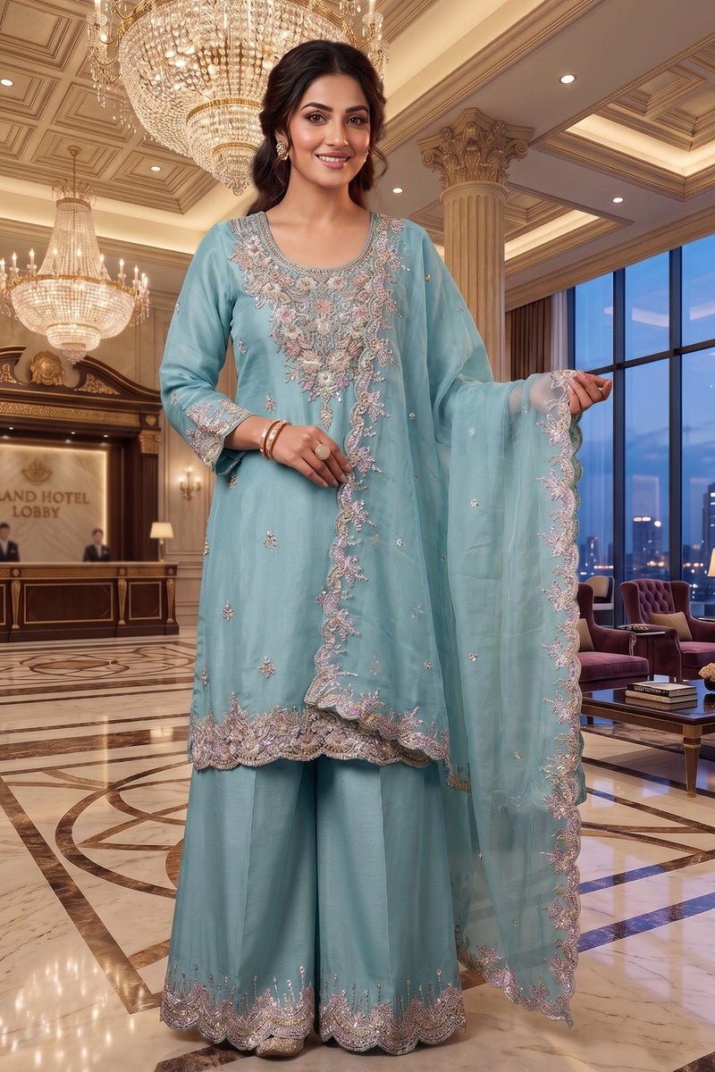 Heavy Pakistani Suit In Alfa Chiffon With Full Of Hand Work In Blue