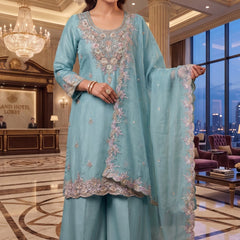 Heavy Pakistani Suit In Alfa Chiffon With Full Of Hand Work In Blue