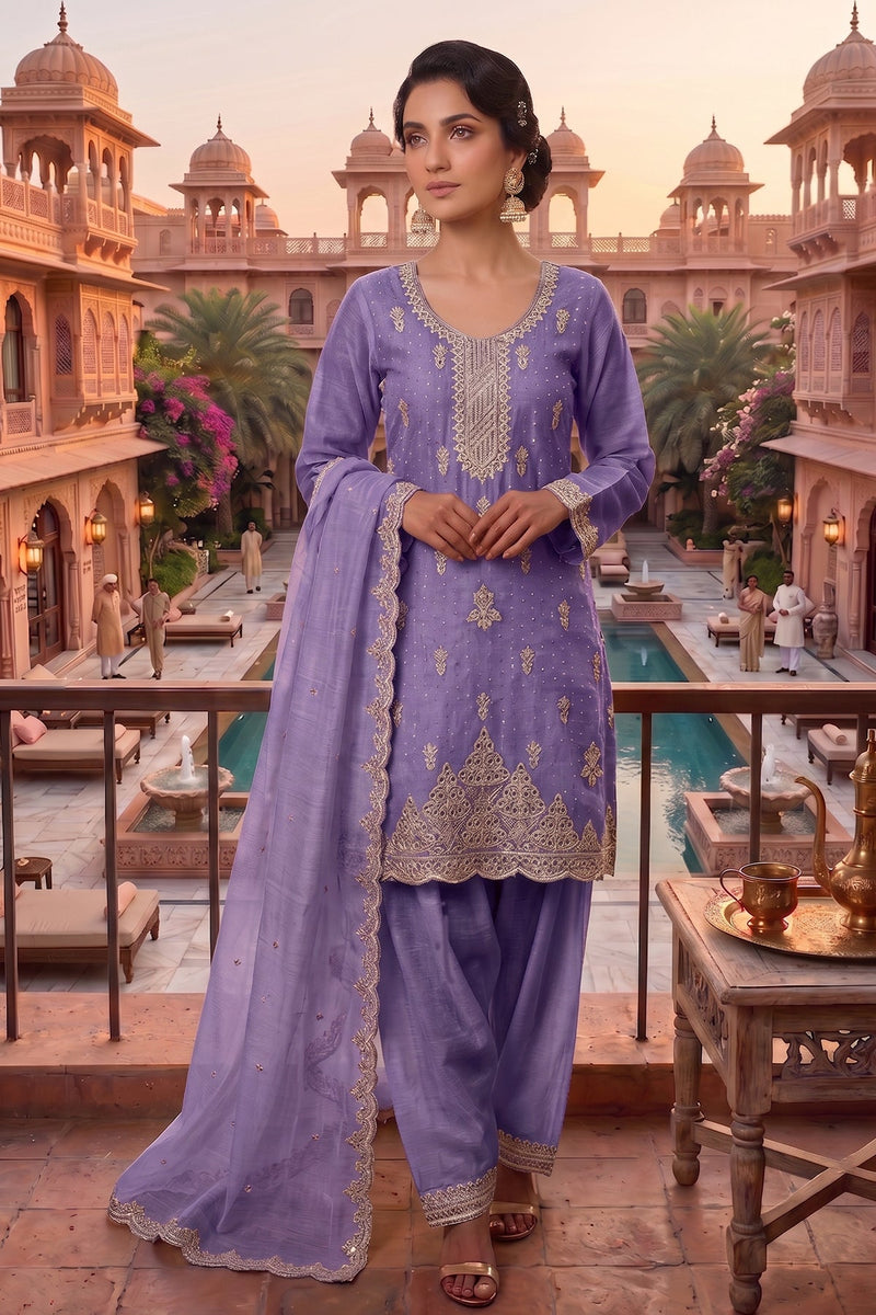 Stitched Pretty Purple Heavy Crunchy Pakistani Farshi Salwar Kameez With Crunchy Dupatta