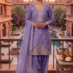 Stitched Pretty Purple Heavy Crunchy Pakistani Farshi Salwar Kameez With Crunchy Dupatta