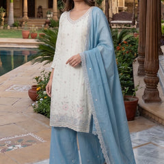 Latest Readymade Sky Blue Heavy Crunchy Handwork Pakistani Suit In Plazo