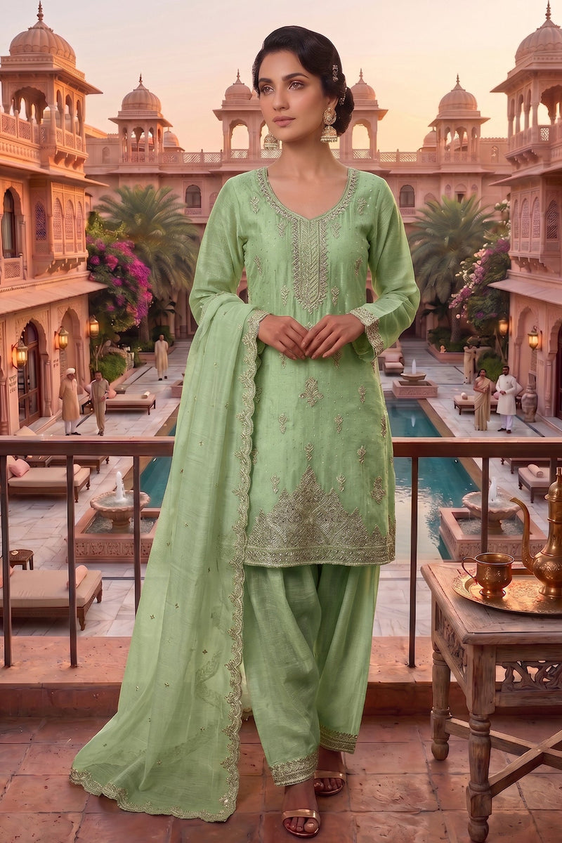 Stitched Pretty Pista Heavy Crunchy Pakistani Farshi Salwar Kameez With Crunchy Dupatta
