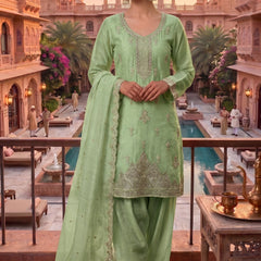 Stitched Pretty Pista Heavy Crunchy Pakistani Farshi Salwar Kameez With Crunchy Dupatta