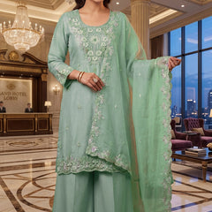 Heavy Pakistani Suit In Alfa Chiffon With Full Of Hand Work In Pista