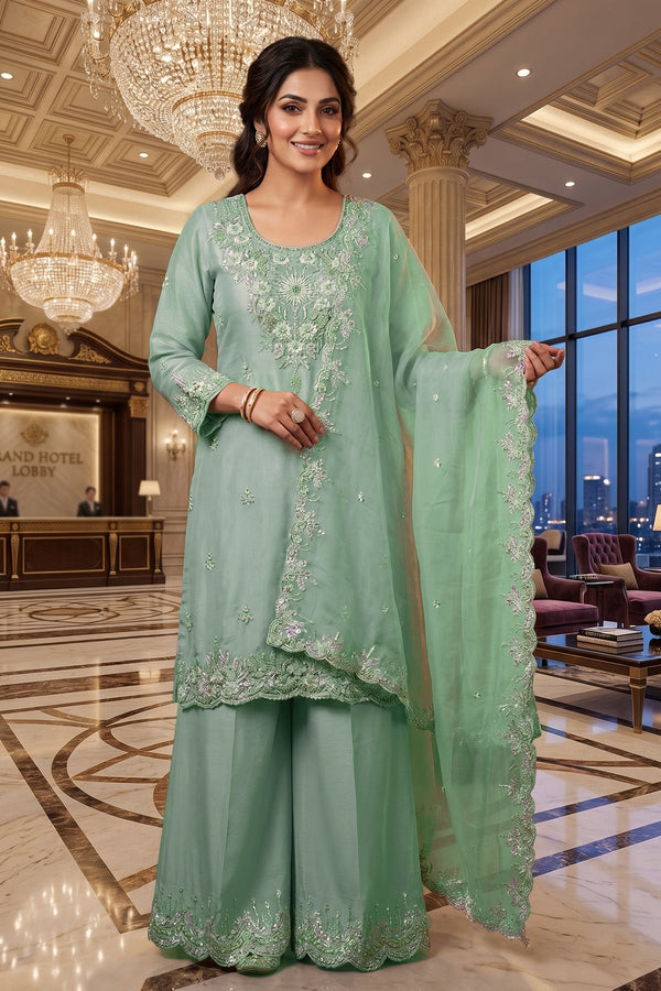 Heavy Pakistani Suit In Alfa Chiffon With Full Of Hand Work In Pista