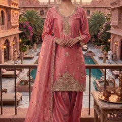 Stitched Pretty Gajri Heavy Crunchy Pakistani Farshi Salwar Kameez With Crunchy Dupatta