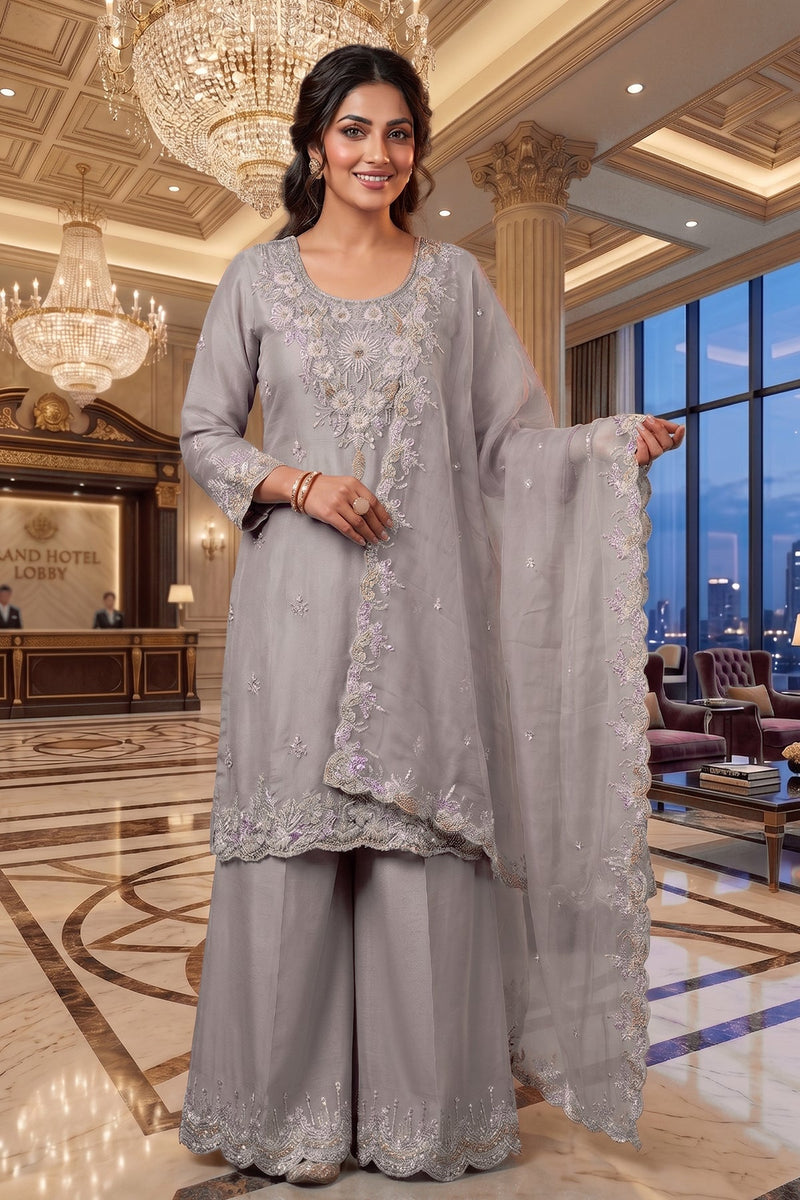 Heavy Pakistani Suit In Alfa Chiffon With Full Of Hand Work In Grey