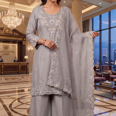 Heavy Pakistani Suit In Alfa Chiffon With Full Of Hand Work In Grey