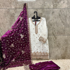 Trending Fabric Heavy Jimmy Choo With Contrast Wine Plazo & Dupatta In Different Embroidery Work