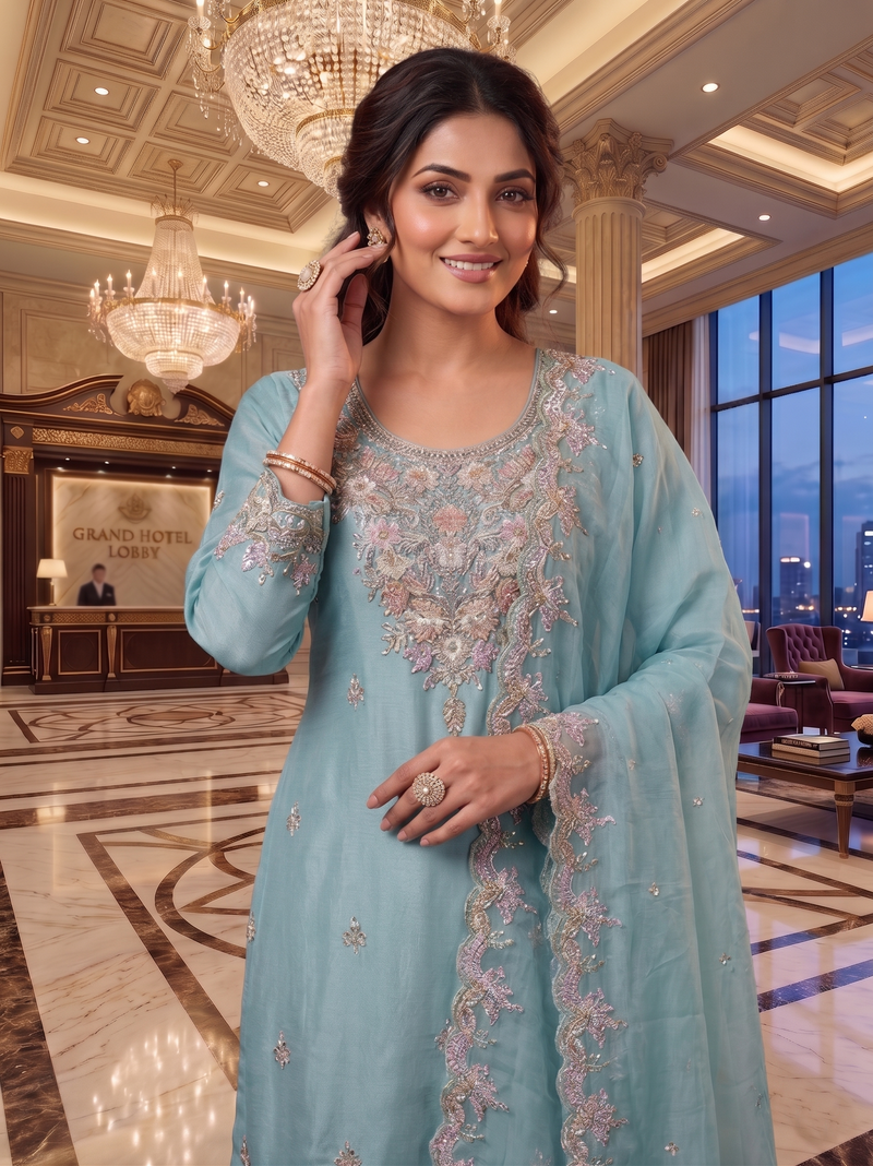 Heavy Pakistani Suit In Alfa Chiffon With Full Of Hand Work In Blue