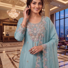 Heavy Pakistani Suit In Alfa Chiffon With Full Of Hand Work In Blue