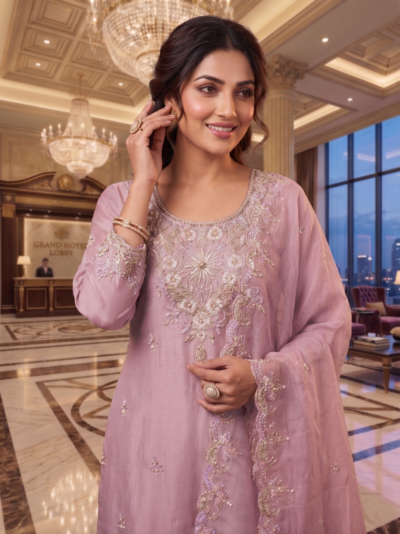 Heavy Pakistani Suit In Alfa Chiffon With Full Of Hand Work In Pink