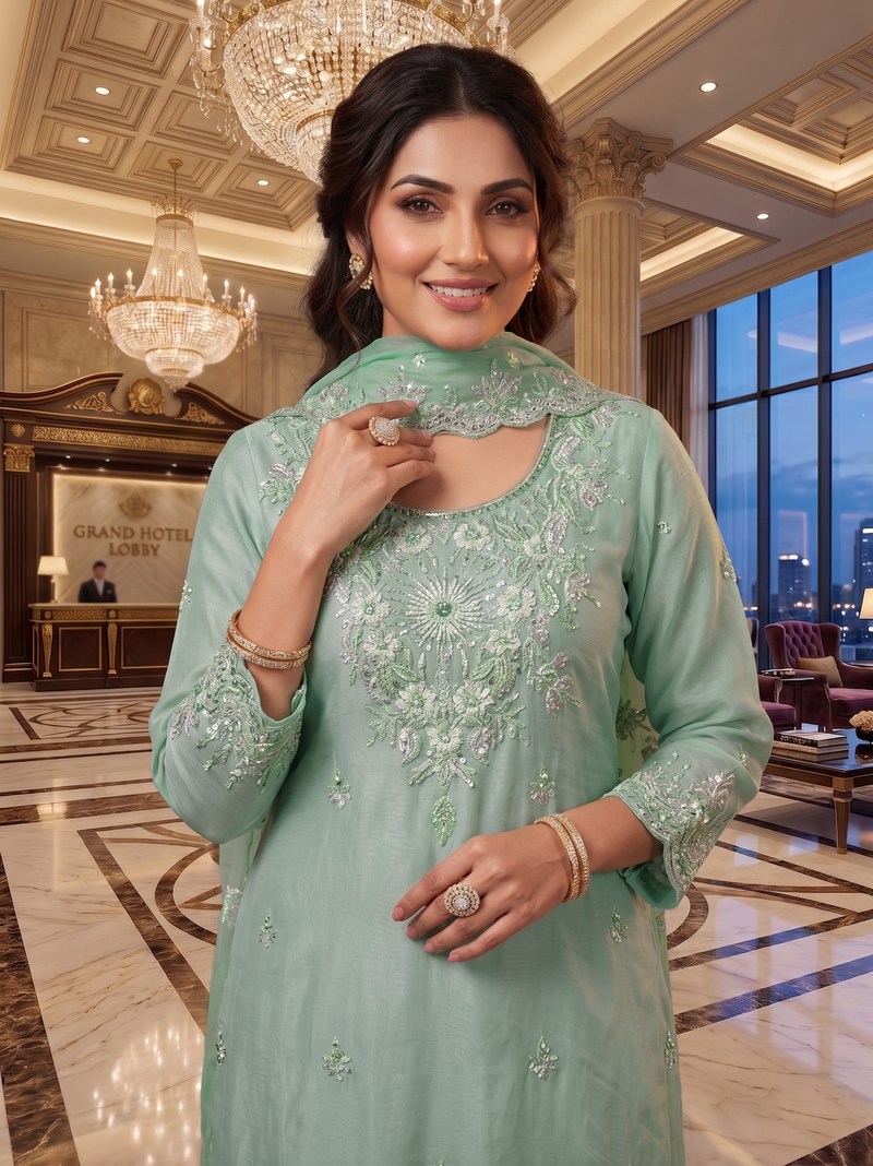 Heavy Pakistani Suit In Alfa Chiffon With Full Of Hand Work In Pista
