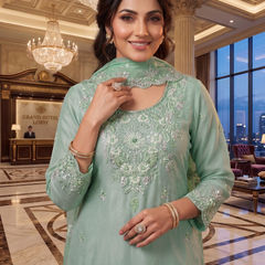 Heavy Pakistani Suit In Alfa Chiffon With Full Of Hand Work In Pista