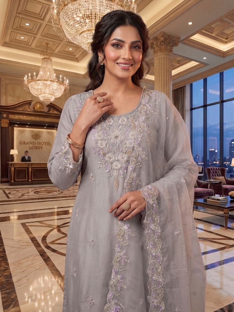 Heavy Pakistani Suit In Alfa Chiffon With Full Of Hand Work In Grey