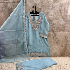 Heavy Pakistani Suit In Alfa Chiffon With Full Of Hand Work In Blue