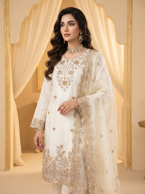Premium Cream Jimmy Choo Silk Kurta & Palazzo Set with Heavy Bead & Zari Handwork